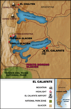 Map of El Calafate and The Perito Moreno Glacier